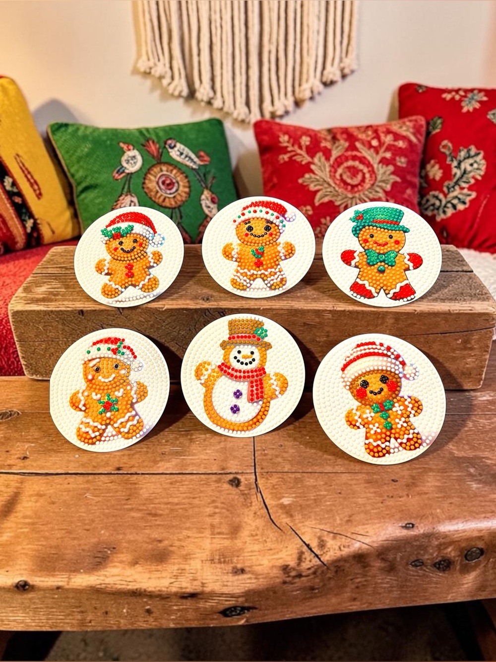 Gingerbread Man Coaster Set of 6 w/ Holder Hand Crafted & Sealed Diamond Art 4”